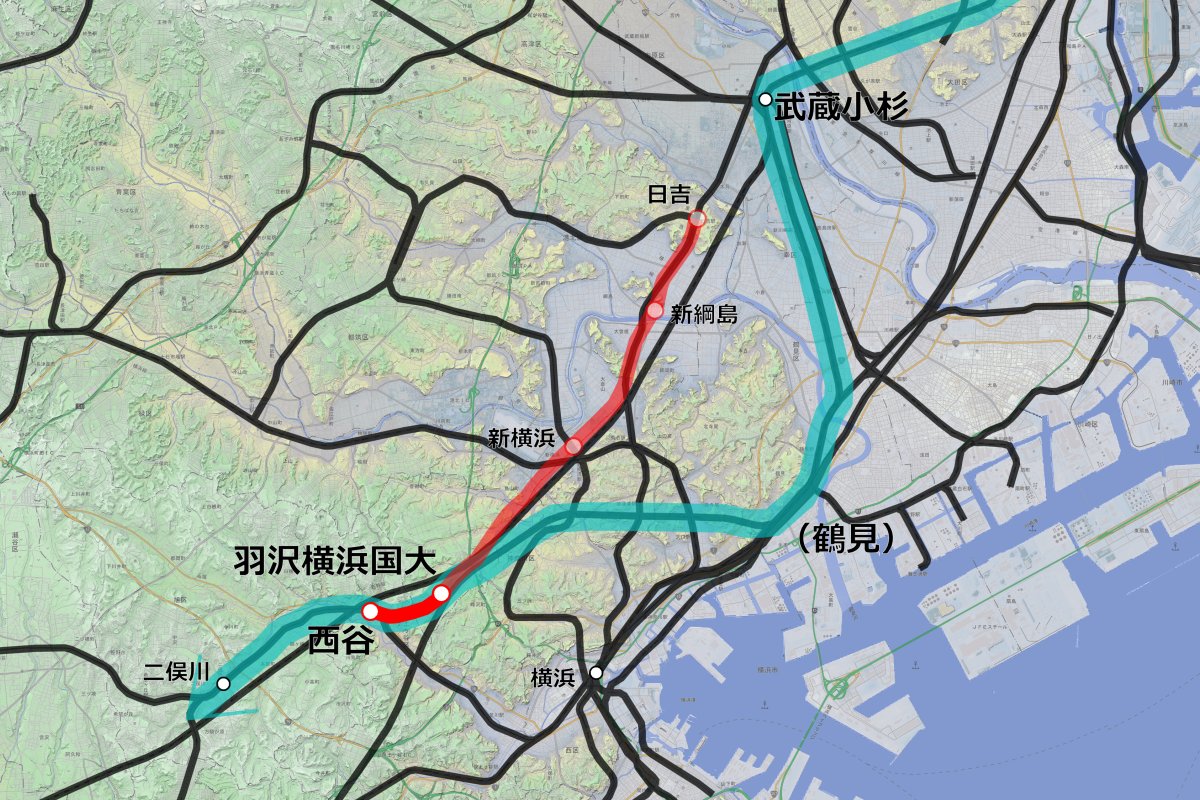 相鉄・JR直通線の路線図。相鉄線とJRの貨物線（羽沢線）をつなぐ新線（濃い赤）を建設し、相鉄線と東京都心を直通する列車（薄い緑のルート）を運行する。 【作成：運営部（K）／『カシミール3D 地理院地図＋スーパー地形』を使用】