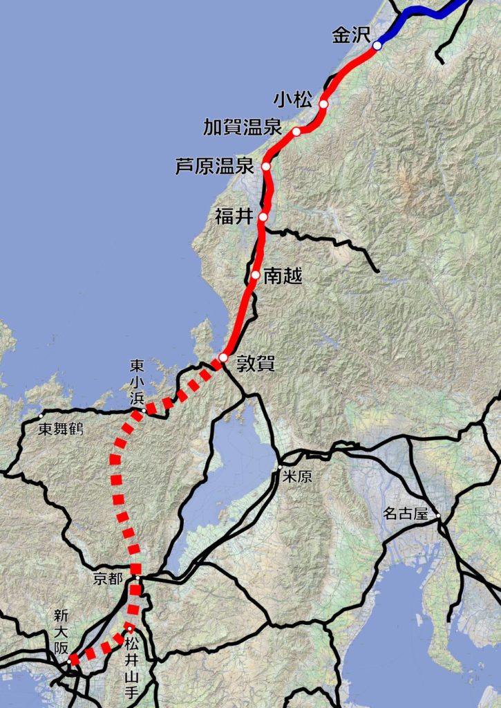 北陸新幹線（金沢以西）の路線図。【作成：運営部（K）／『カシミール3D 地理院地図＋スーパー地形』を使用】